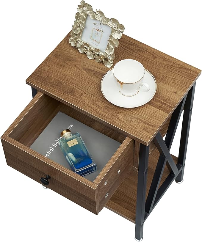 VECELO Nightstand,Modern Bedside End Table, Night Stand with Drawer and Storage Shelf for Living Room Bedroom, Industrial Metal Frame
