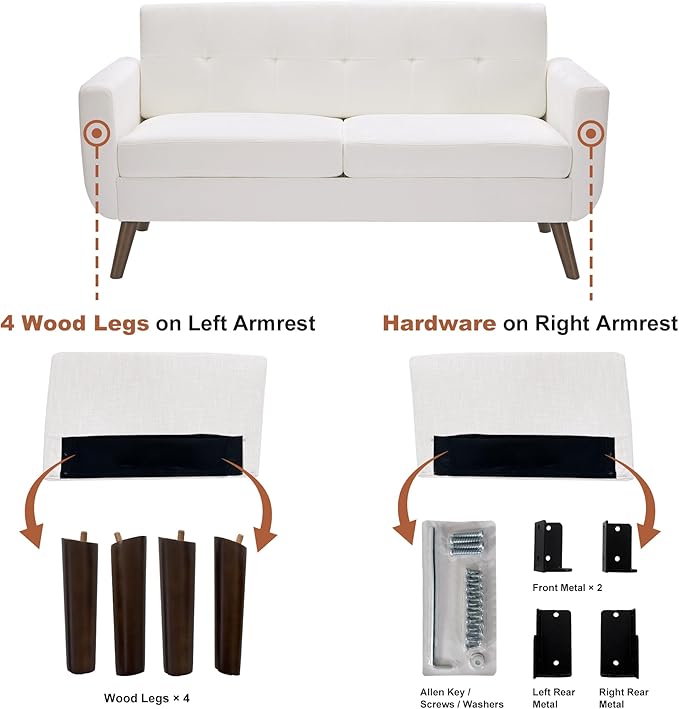 Tbfit 65" W Loveseat Sofa, Mid Century Modern Couches Love Seats for Living Room, Button Tufted Upholstered Small Couch for Bedroom, Solid and Easy to Install Love Seats Furniture, White