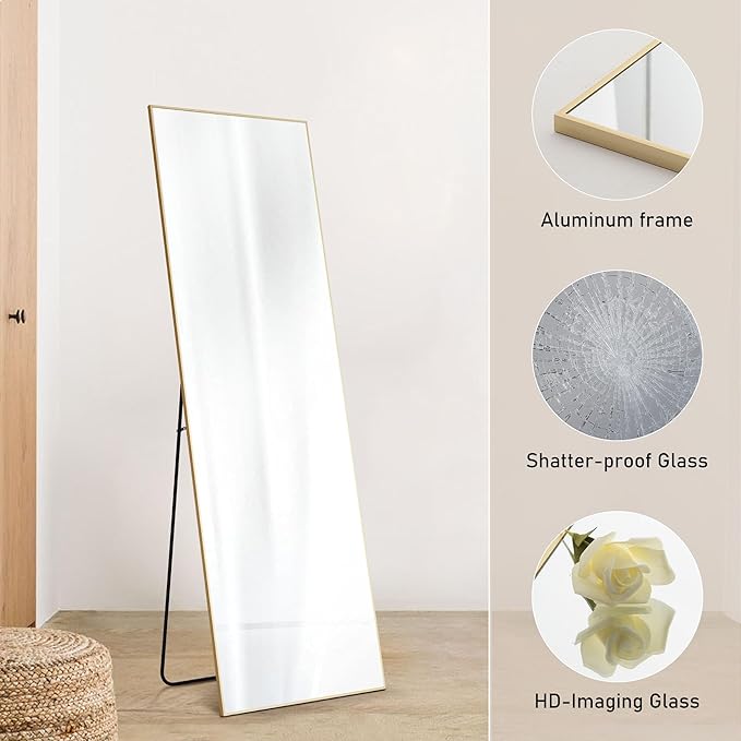 OLIXIS Full Length Mirror 64"x21" for Bedroom, Full Body Mirror with Stand, Hanging or Leaning for Wall, Aluminum Alloy Thin Frame Floor Standing for Living Room, Long, Gold