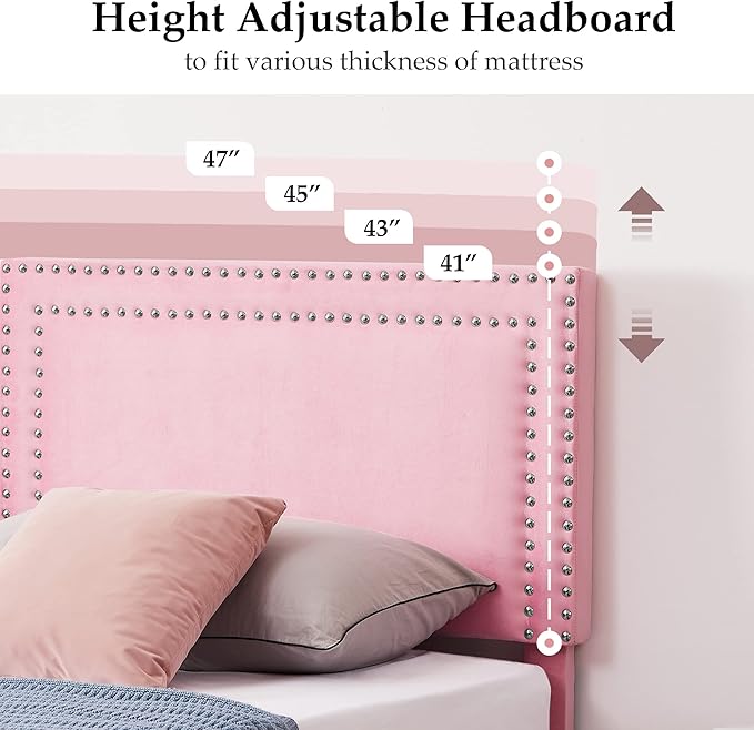 VECELO Twin Size Platform Bed Frame with Height Adjustable Upholstered Headboard, Modern Mattress Foundation,Strong Wood Slat Support, No Box Spring Needed, Easy Assembly