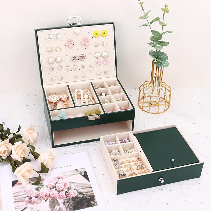 DesignSter Jewelry Organizer Box, 2 Layers Large Jewelry Box with Travel Jewelry Case, Leather Jewelry Storage Case for Rings Earrings Bracelets Necklaces (Green)