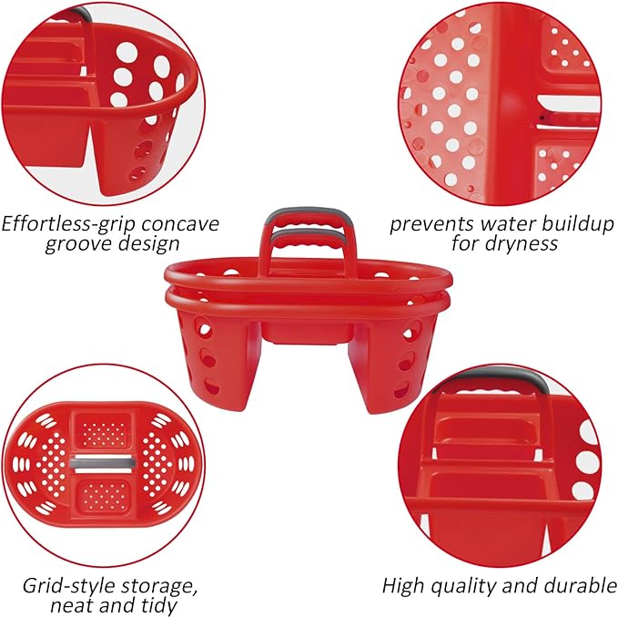 Large Shower Caddy Portable 2PC - Made in USA Plastic Jumbo Size Dorm Storage Candy Tote with Handle Shower Organizer for Bathroom, Pantry, Kitchen, College Dorm, Red
