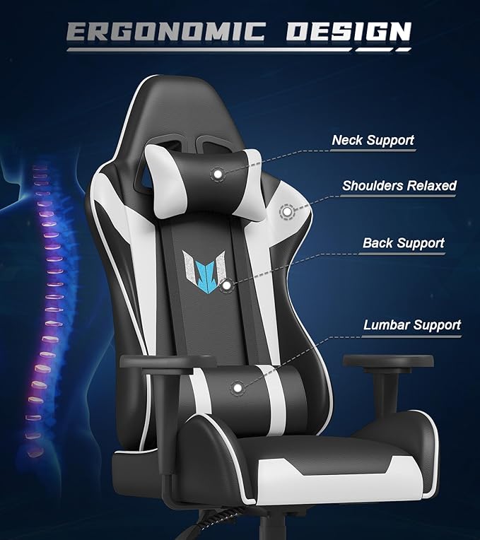 Gaming Chair with Footrest, High Back Ergonomic Computer Gamer Chair with Headrest and Lumbar Support, Racing Style Reclining Game Chair for Adults, Kids (White-Black)