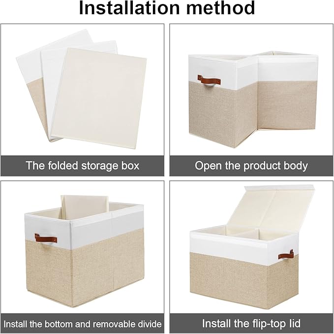 Large Toy Storage Box with Lid, Sturdy Toys Storage Chest Bin Organizer Basket with Dividers for Kids, Boys, Girls, Nursery, Closet, Bedroom, Playroom 25"x13" x16" (Beige and White)