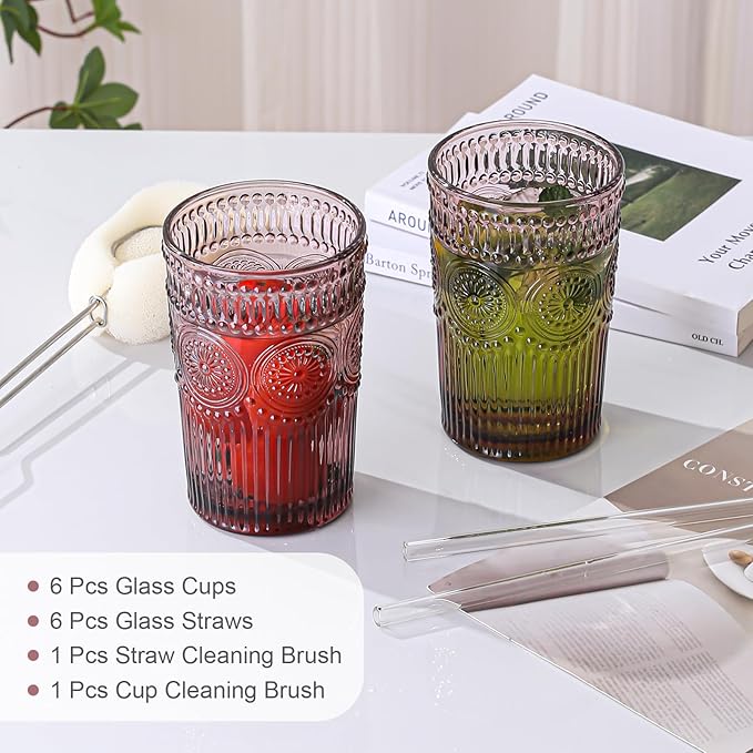 Vintage Glassware Drinking Glasses Set of 6,13 oz Purple Textured Flower Design Glass Water Tumblers,Embossed Striped Drinkware for Water,Cocktails,Juice,Iced Coffee