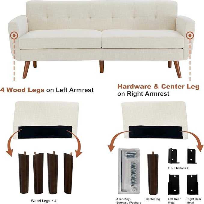 Tbfit 77.2" W Linen Sofa Couch, Mid Century Modern Decor Loveseat Couches for Living Room, Button Tufted Upholstered Small Couch for Bedroom, Solid, and Easy to Install Love Seats Furniture, Beige