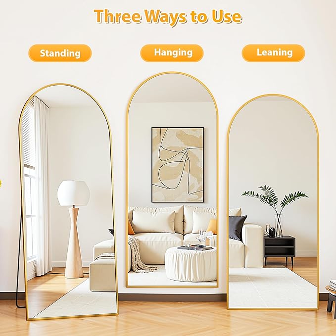 Full Length Mirror, 71"x32" Oversized Floor Mirror Freestanding, Full Body Mirror Floor Standing Mirrors with Stand, Hanging Mounted Mirrors for Bedroom Living Room, Gold, Arched Style