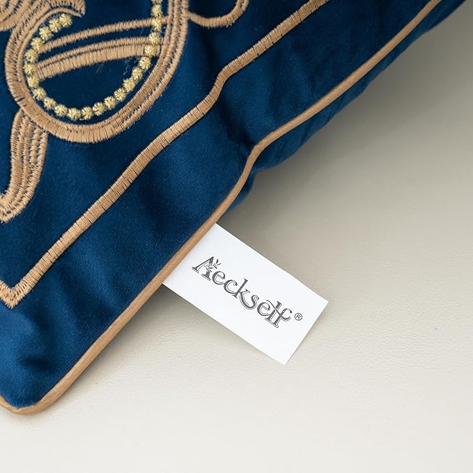 Aeckself European Floral Pillow Cover 18x18 Inch, Luxury Velvet Embroidered Decorative Throw Pillow Cover for Couch Bedroom Living Room, Navy Blue and Gold, Yw-OBYG-Blue4545