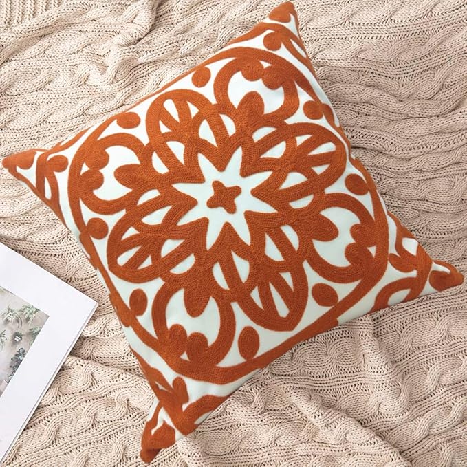 Alysheer Embroidered Decorative Throw Pillow Cover 18x18 inches Set of 2 Pieces, Boho Mandala Modern Chic Classic Pattern Cotton Cushion Case for Sofa Couch Bed Living Room(Burnt Orange)