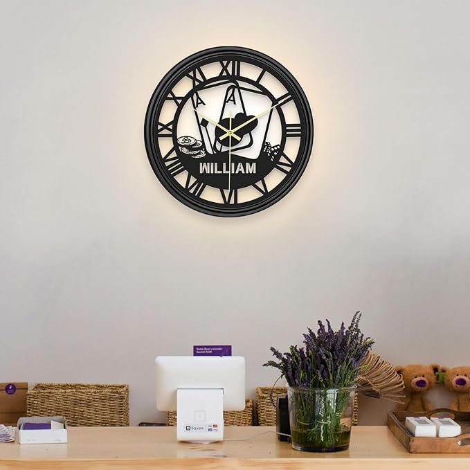 Personalized Name LED Round Wall Clock, Custom Jersey Hanging Clock with 7 Color Changing, Iron Art Clock, Decor for Bedroom, Living Room, Home, Office, Housewarming