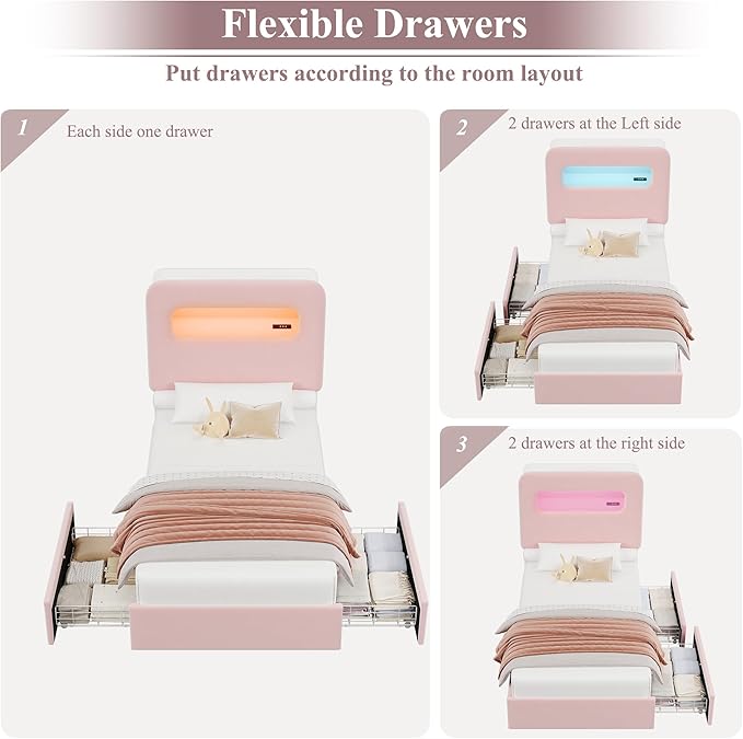 HOSTACK Twin LED Bed Frame with Storage Headboard and Charging Station, Girls Bed Frame with 2 Drawers and USB Ports, Velvet Upholstered Platform Bed Frame with Bookcase, No Box Spring Needed, Pink