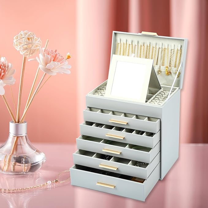 BOOVO Jewelry Box with Necklace Hanger – 6 layer Jewelry Organizer for Women with 5 Drawers, Large Jewelry Storage Boxes –Jewelry Organizers and Storage for Earrings, Necklaces (Grey, 6 layer)