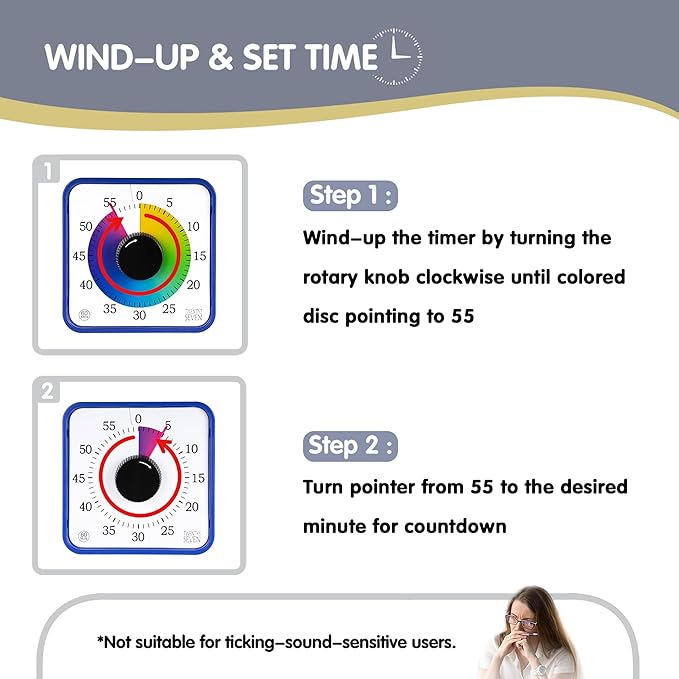 Visual Timer 7.5 inch; 60 Minute 1 Hour Countdown Timer for Kids Classroom Teaching Tool Home Office Meeting, Mechanical Countdown Clock for Exam Time Management Magnetic, Navy Blue with Colorful Disc
