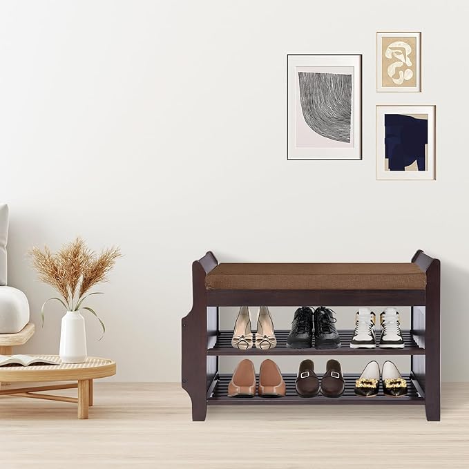 Bamboo Shoe Storage Bench, 3-Tier Shoe Rack with Padded Seat Cushion, Shoe Organizer Shelves for Entryway, Living Room, Bedroom, Hallway, Brown 31”