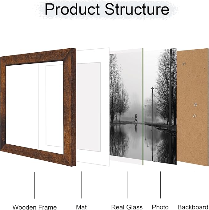 10x10 Picture Frame Set of 4 with Real Glass, Rustic Frames Display 8x8 Picture with Mat or 10 x 10 Without Mat, Wooden Square Photo Frame for Wall Mount and Tabletop Display