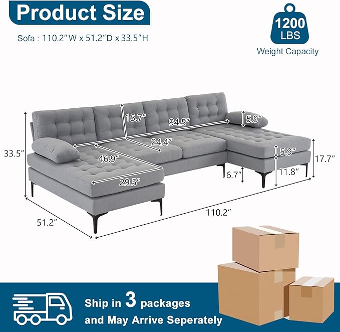 VINGLI 110" Modern U Shaped Sectional Sofa Couch with 51"D Double Chaise for Living Room, Large Tufted Button Couch Sets with 5.9" Thickness Seating Padding for Small Spaces (Light Grey,Tufted Button)