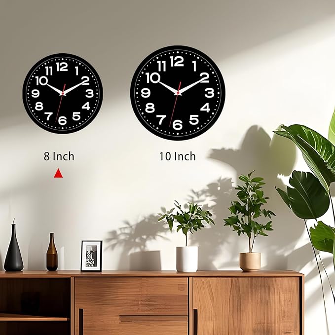Wall Clock Silent Non-Ticking Modern Clock Battery Operated 8 Inch Small Classic Analog Decorative for Kitchen, Living Room, Office, Bedroom, Bathroom (Black Black)