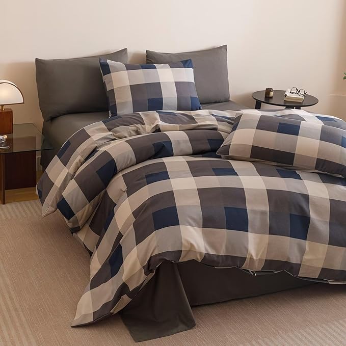Blue Checkered Comforter Set Twin Size Blue, Gray, Beige and White Three-Color Bedding Soft Bedding Simple and Modern Bedroom Decoration