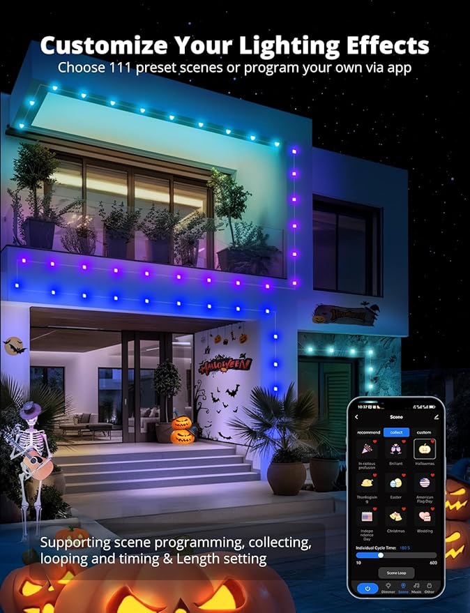 APPECK Permanent Outdoor Lights 50ft with 45 LEDs, RGB Color Changing Outdoor String Lights with 60lm Warm White, 111+ Scene Modes, APP/Voice/Remote Control, for Windows Storefront Holiday Decor