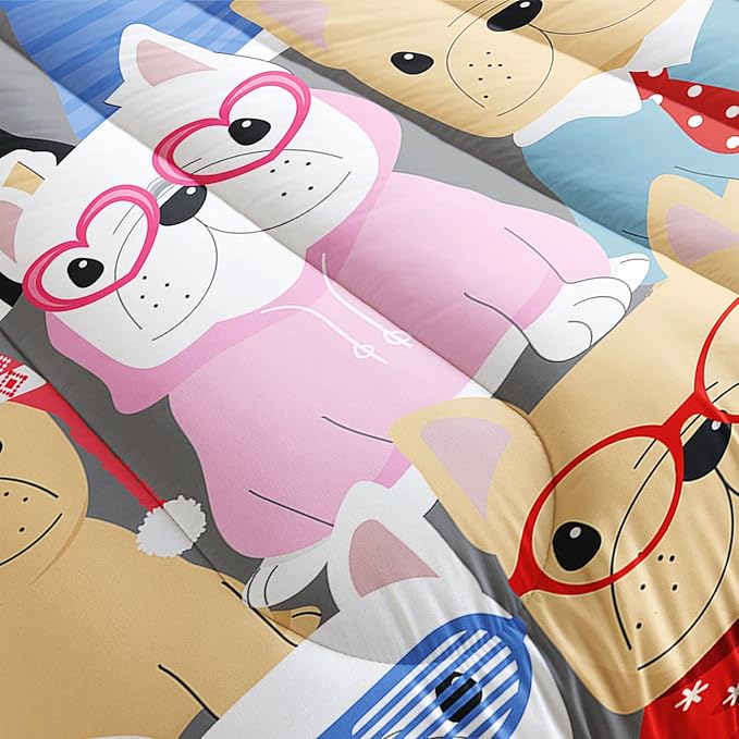 Puppy Comforter Bedding Set for Kids - Cute Pug Pattern Cartoon Pet Twin Set with 1 Comforter and 2 Pillowcases