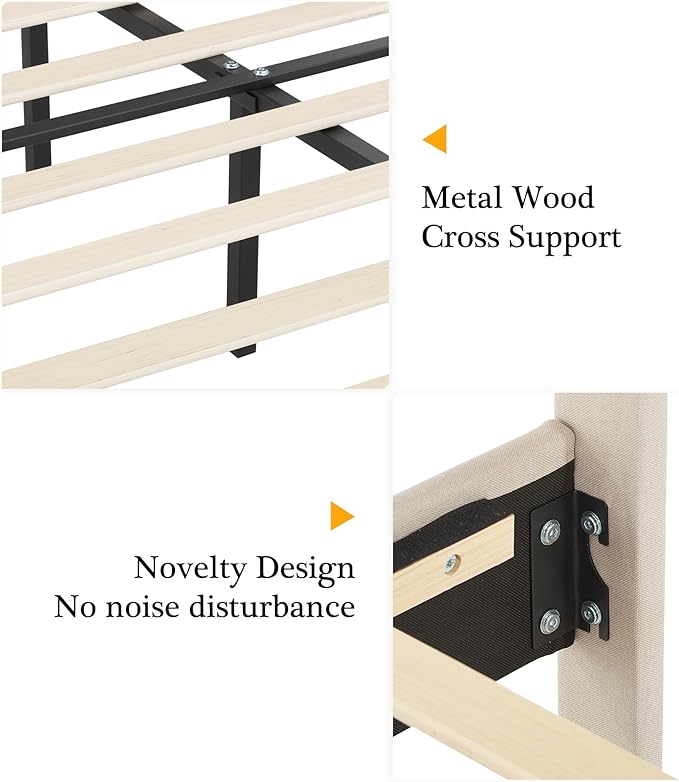 VECELO Twin Upholstered Platform Bed Frame with Adjustable Button Stitched Panel Headboard,Strong Wood Slat Support,Velcro Design,Mattress Foundation/Easy Assembly,Beige