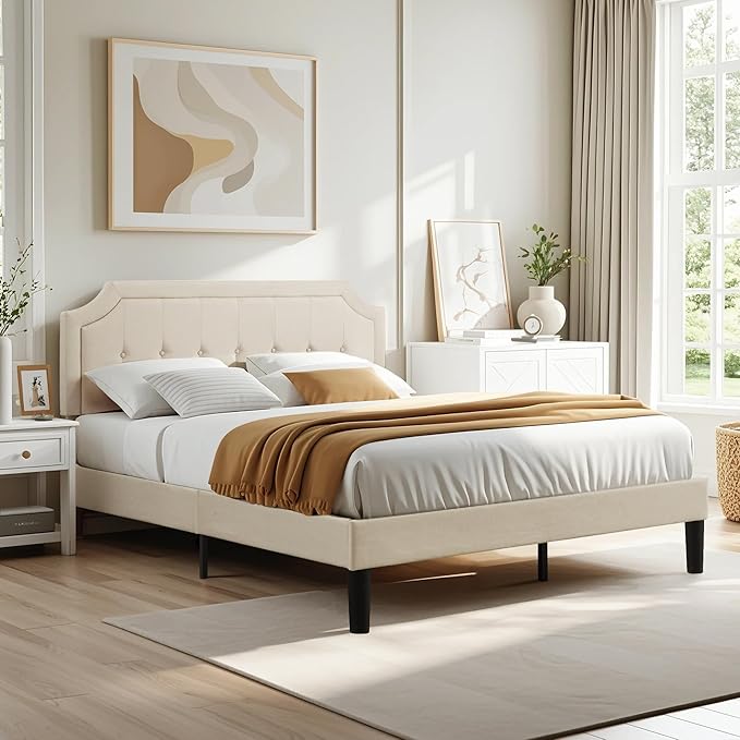 VECELO Queen Upholstered Platform Bed Frame with Adjustable Button Stitched Panel Headboard,Strong Wood Slat Support,Velcro Design,Mattress Foundation/Easy Assembly,Beige