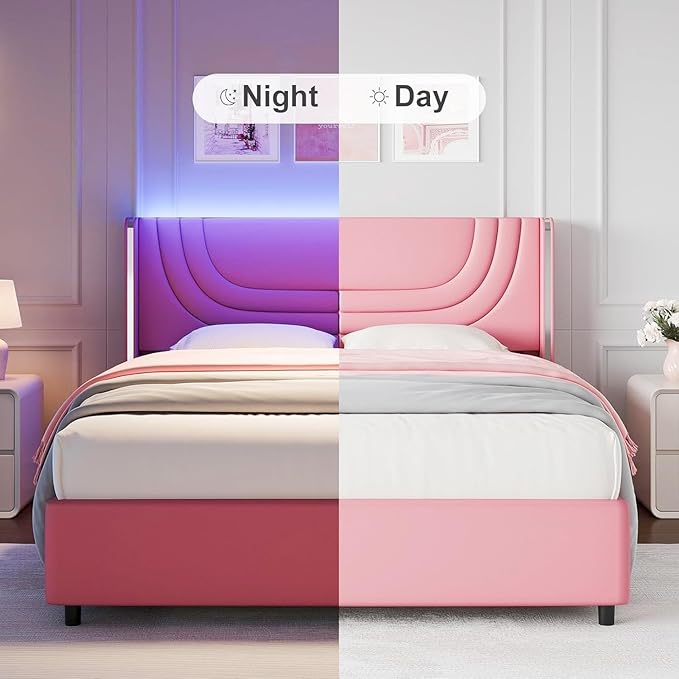 Pink Twin Bed Frame with LED Lights, Faux Leather Upholstered Platform with Silver Wingback Headboard, Modern Style, No Box Spring Needed, Easy Assembly