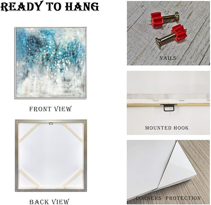 Abstract Wall Art Canvas Framed: Blue Abstract Painting Artwork on Canvas for Bedroom (24''W x 24''H, Multiple Sizes)