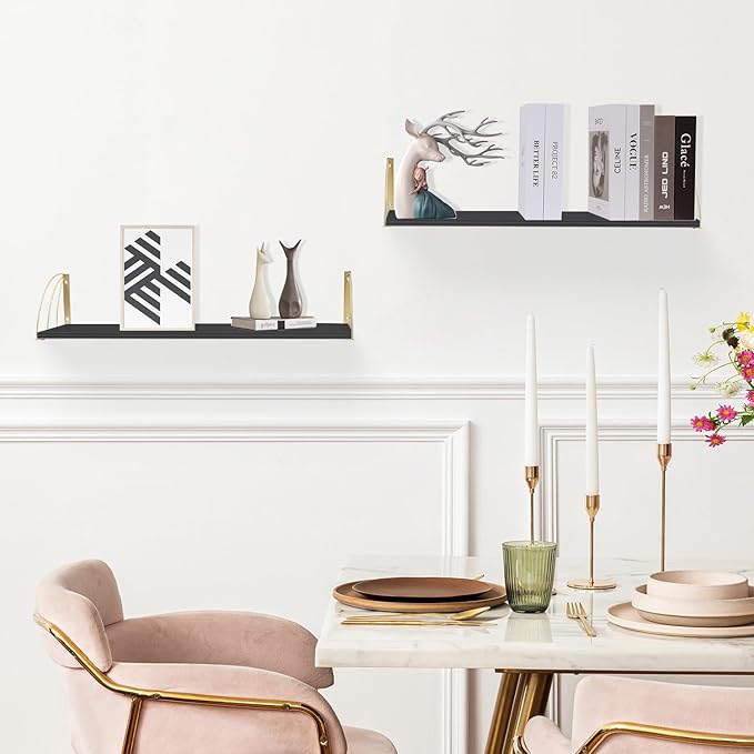 Wall Bookshelf Black Gold Floating Shelves Pine Wood Large 31.5×7.87 Inch Floating Bookshelf with Elegant Lines,Book Shelf for Wall,Black and Gold Shelves Set of 2.