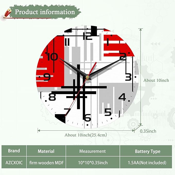 Wall Clocks Battery Operated,Red Black Abstract Line Clock for Living Room,Decorative Wall Clock for Living Room, Bedroom, Bathroom and Kitchen,10 Inch