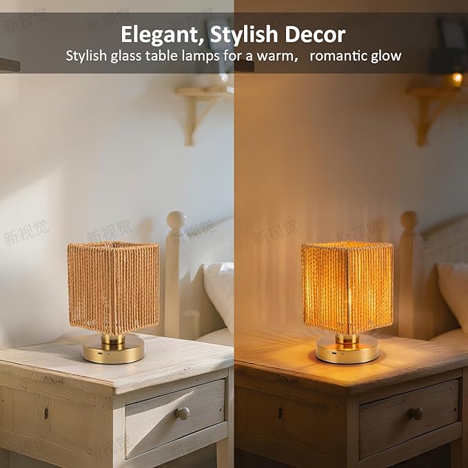 Rattan Table Lamp, 6000mah Battery Operated Table Lamp, Boho Small Desk Lamp, 3 Brightness Dimming for Bedroom Living Room Kids Room Touch Switch, Bulb Included