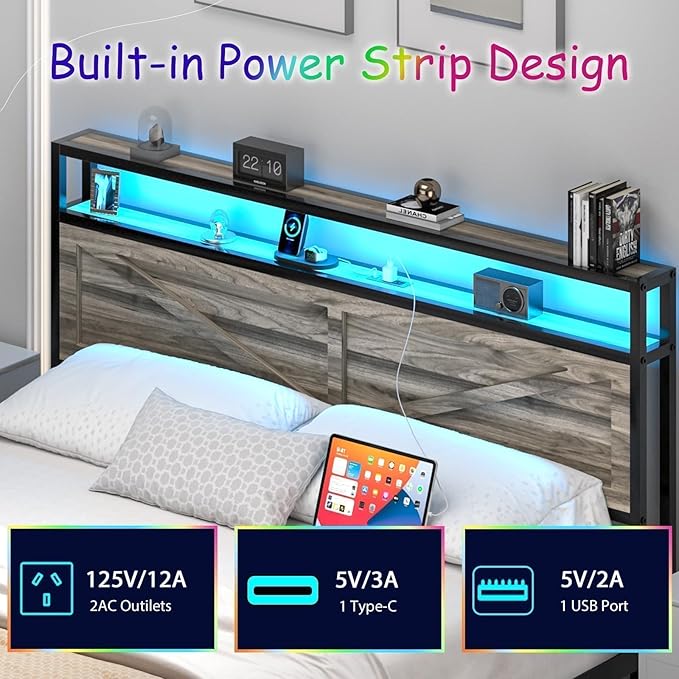 King Bed Frame with LED Lights and Charging Station, Metal Platform Bed King Size with 2-Tier Rustic Barn Door Storage Headboard, Noise-Free, No Box Spring Needed, Easy Assembly, Wash Grey