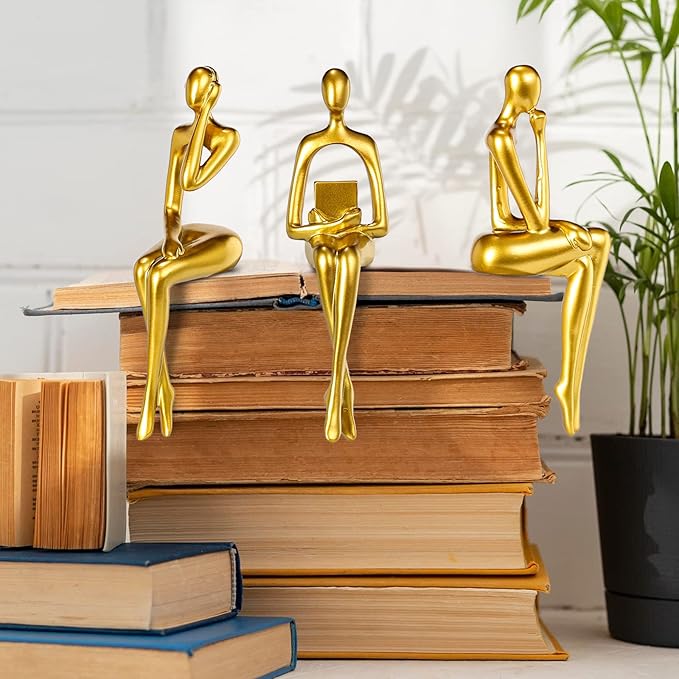 Thinker Statue Gold Decor Abstract Art Sculpture, Golden Resin Collectible Figurines for Home Living Room Office Shelf Decoration,Great Gifts Ideas (Sitting Posture-Gold)