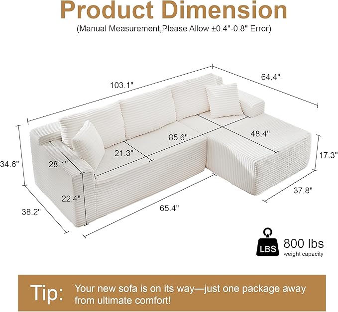 105''Sectional Cloud Couch with L Shaped Chaise,Modern Modular Sectional Sofa,Comfy Sectional Couches for Living Room,Bedroom,Apartment (White, Right Facing Chaise)