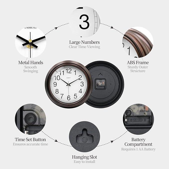 TAHEAT Vintage Wall Clock, 12 Inch Red Copper Easy to Read Battery Operated Quartz Wall Clock Decorative for Kitchen Living Room Bedroom Office School