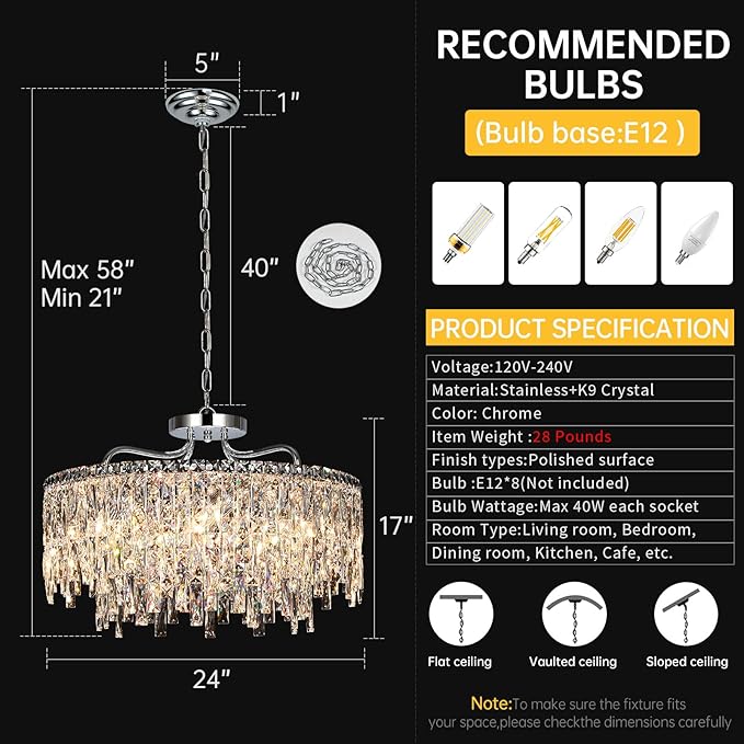Luxury Crystal Chandelier, 24" Modern Round Dining Room Chandeliers Over Table,8 Lights Chrome Ceiling Pendant Ceiling Lighting for Living Room Bedroom Entryway Foyer Staircase