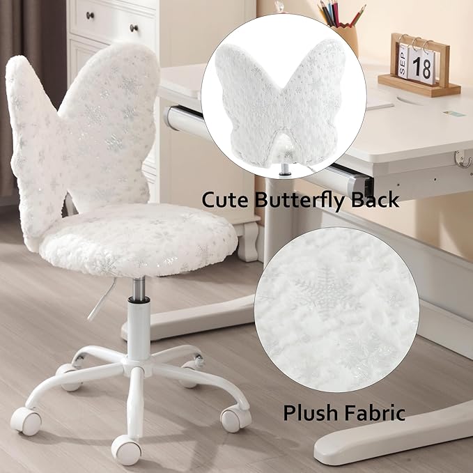 Butterfly Kids Desk Chair, Adjustable, Swivel, Faux Fur, White