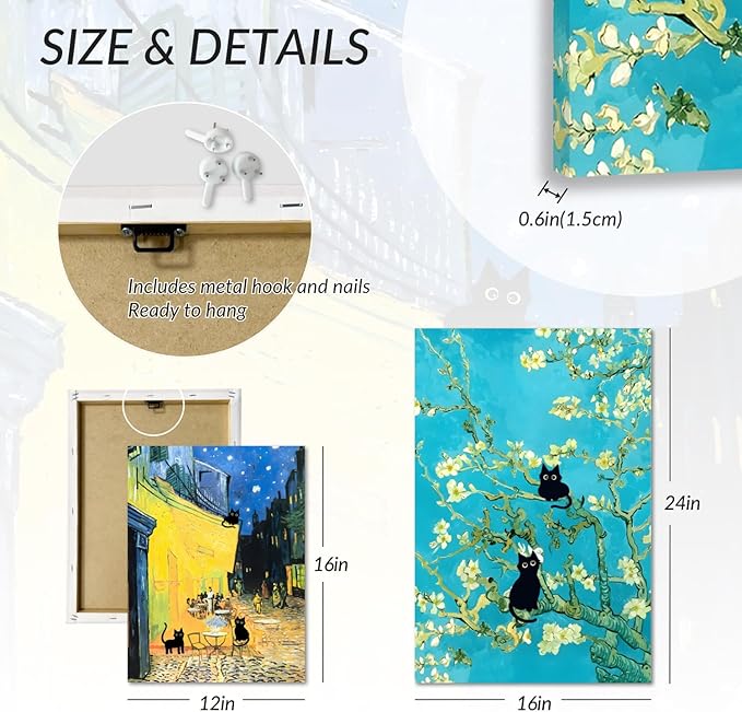 FASWQ Whimsical Black Cat Wall Art, Van Gogh Matisse Picasso Wall Decor, Funny Bathroom Canvas Paintings, Cute Animal Aesthetic Pictures for Living Room Kids' Room Framed Ready to Hang 16"x24"x3