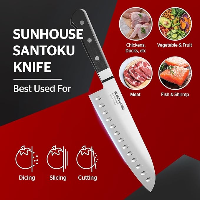 Sunhouse Santoku Knife 7 inch,AUS-8 Stainless Steel – Superior 59HRC Hardness, Full Tang, Ergonomic Handle, Perfect Gifts for Mom or Dad,Premium Gifts