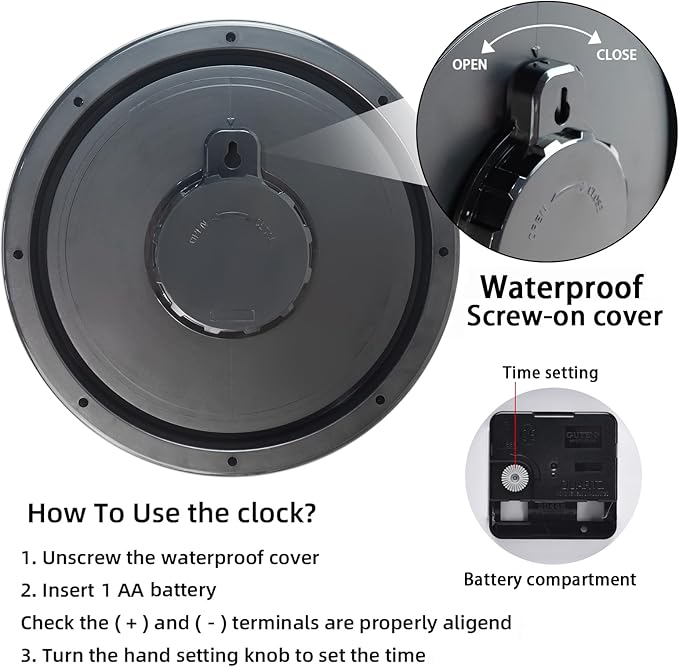 Caysie 11 Inch Sealed Indoor Outdoor Waterproof Wall Clock, Durable Silent Non-Ticking Battery Operated Quality Quartz Round Clock, Wall Decorative for Patio, Pool, Bathroom (Black)