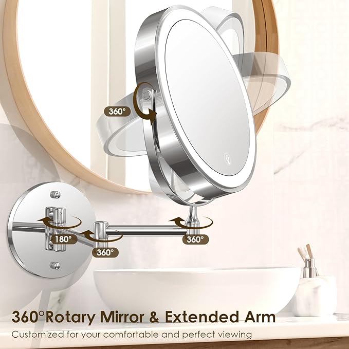 Wall Mounted Lighted Makeup Mirror, 8" Rechargeable Double-Sided Light up Magnifying Mirror 1x/10x, 3 Colors Led Vanity Mirror with Lights, Touch Dimmable 360° Rotation Foldable