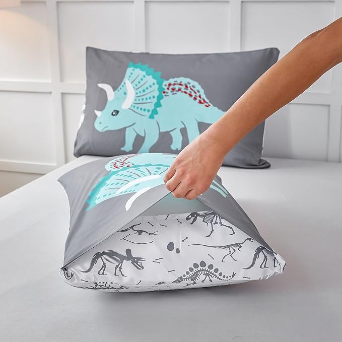 RYNGHIPY Dinosaur Kids Comforter Set Cartoon Dinosaur Bedding Sets for Boys 3 Pieces Twin Microfiber Comforter with Pillowcases Soft Lightweight (Dark Grey,Twin)