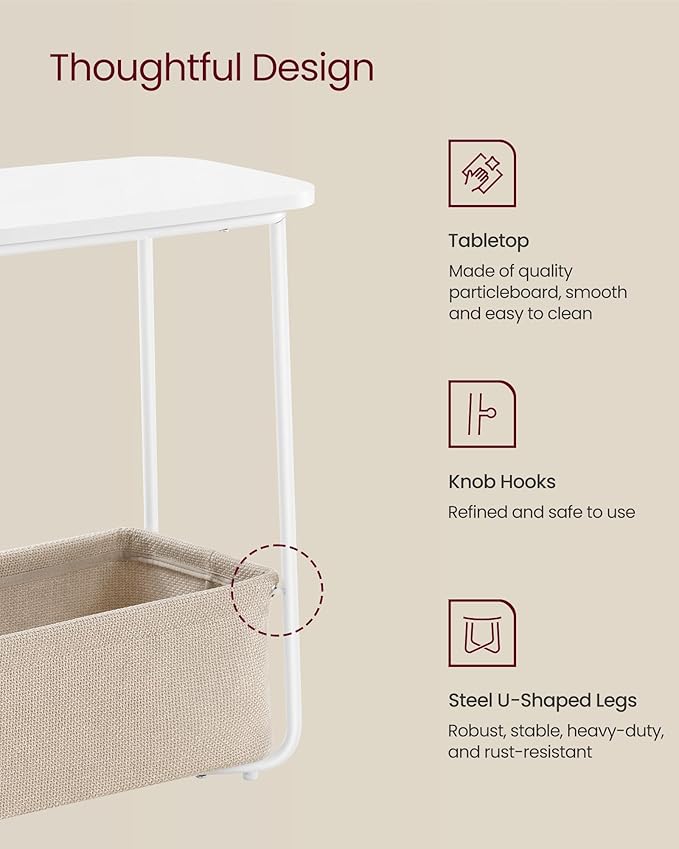 VASAGLE End Table, Small Bedside Table with Fabric Basket, Modern Nightstand, Rectangular Side Table, for Living Room, Bedroom, Matte White and Camel Brown ULET230W10