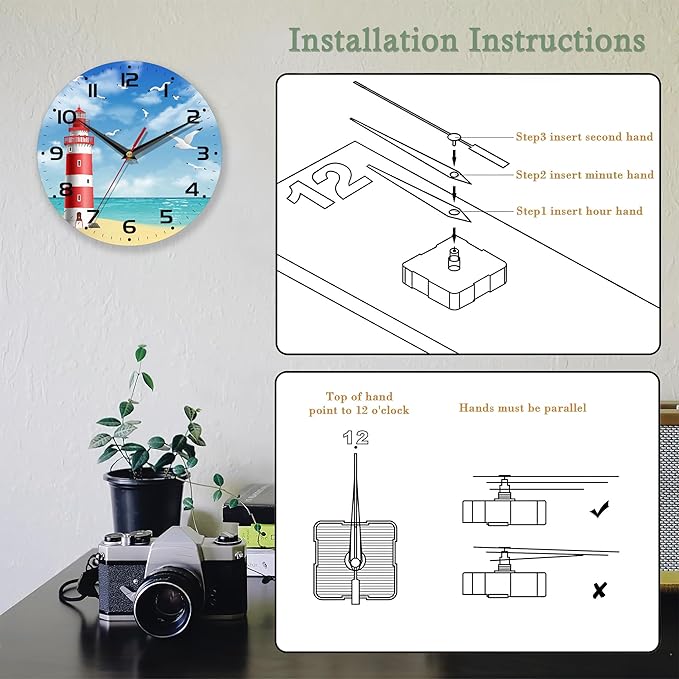 Wall Clocks Battery Operated,Lighthouse Clock for Living Room,Seagull Seaside Decorative Wall Clock for Living Room,Bedroom,Kitchen,10 Inch