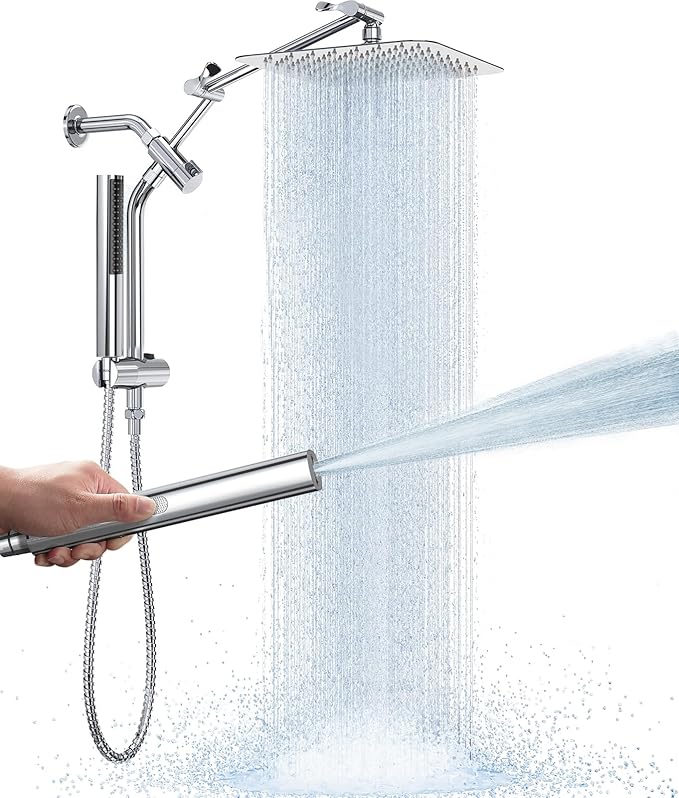 Veken 10" Luxurious All Metal Rain Shower Head with Handheld, High Pressure Rainfall Shower Heads wih Extension Arm, Wide Dual Showerhead with Spray Combo, Bathroom Accessories, Chrome, Silver
