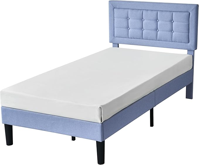 VECELO Twin Size Bed Frame with Adjustable Headboard, Upholstered Button Tufted Platform Bedframe with Wood Slats Support, No Box Spring Needed, Light Blue