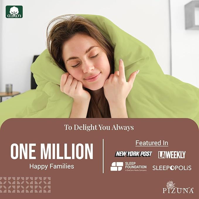 Pizuna Pure 100% Cotton Queen Duvet Cover Set, Luxurious 400 Thread Count Long Staple Cotton Sateen Weave with Button Closure (Combed Light Green Cotton Duvet Cover Queen)