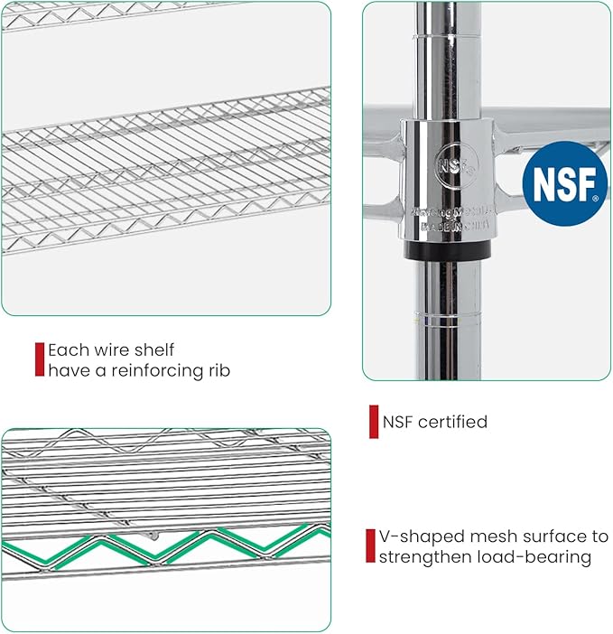 PayLessHere Commercial Grade 6 Tier Adjustable Storage Shelf Heavy Duty Metal Shelf NSF Certified Wire Shelving Unit with Wheels 6000LBS Capacity 18" D x 48" W x 72" H,Chrome