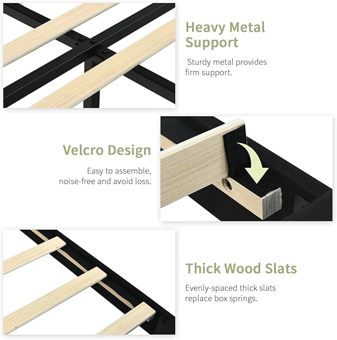 Queen Upholstered Platform Bed with Headboard and Storage, Fabric Queen Size Beds with Wooden Slats Support, No Box Spring Required, Easy Assembly, Black