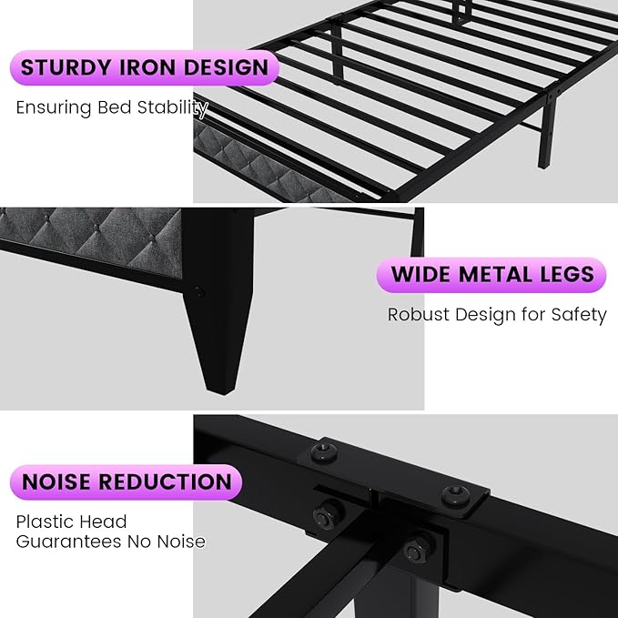 Winkalon Twin Led Bed Frame with Headboard, Bed Frame with Charging Station, Metal Platform Bed Frame Twin Size No Box Spring Needed, Modern Wood Upholstered Headboard and Under Bed Storage